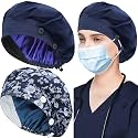 ABAMERICA 2 Pack Bouffant Caps with Button and Sweatband, Adjustable Scrub Caps for Women Men, One Size Multi Color