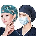 ABAMERICA 2 Pack Bouffant Caps with Button and Sweatband, Adjustable Scrub Caps for Women Men, One Size Multi Color