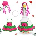 Abbylike Watermelon Porch Goose Outfits Summer Bikini Knitted Goose Clothes with Pearl Necklace &amp; Hat Fits 23'' Cement Statue for Outdoor Garden Yard Lawn Pathway Hawaiian Statue Art Decor