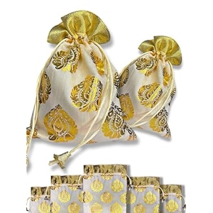 abhaas 10pcs drawstrings potli bag for gifting  23x18cm  for ladies wedding party bag potli leaf print for women kitty parties reusable return gift purpose shagun pouch candy bags