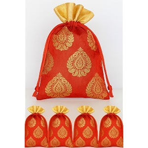 abhaas 10pcs drawstrings potli bag for gifting  23x18cm  for ladies wedding party bag potli leaf print for women kitty parties reusable return gift purpose shagun pouch candy bags