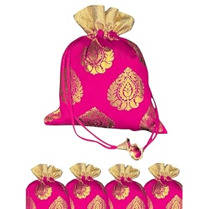 abhaas 10pcs drawstrings potli bag for gifting23x18cmfor ladies weddingparty bag potli leaf print for women kitty parties with bells reusable return gift purposeshagun pouchcandy bagsmagenta