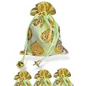 Abhaas 10Pcs Drawstrings Potli Bag For Gifting|23X18CM|for Ladies Wedding,Party Bag Potli Leaf Print For Women Kitty Parties With Bells Reusable Return Gift Purpose,Shagun Pouch,Candy Bags,Sky Green