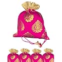 Abhaas 10Pcs Drawstrings Potli Bag For Gifting|23X18CM|for Ladies Wedding,Party Bag Potli Leaf Print For Women Kitty Parties With Bells Reusable Return Gift Purpose,Shagun Pouch,Candy Bags,Magenta