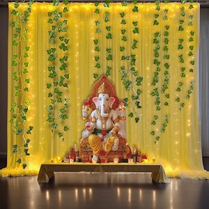 abhaas 15pcs backdrop decoration set with curtains led lights marigold garlands toran with bells for ganpati decoration diwali weddingfestivals pooja room haldi varalaxmi white  marigold garland