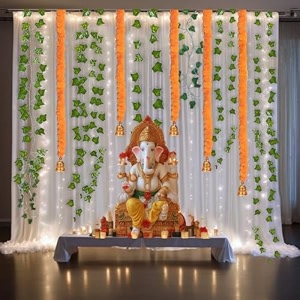abhaas 15pcs backdrop decoration set with curtains led lights marigold garlands toran with bells for ganpati decoration diwali weddingfestivals pooja room haldi varalaxmi white  marigold garland