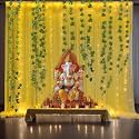 Abhaas 15Pcs Backdrop Decoration Set with Curtains, LED Lights, Marigold Garlands Toran with Bells for Ganpati Decoration Diwali Wedding/Festivals Pooja Room Haldi Varalaxmi (White + Marigold Garland)