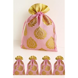 abhaas 5pcs drawstrings potli bag for gifting  23x18cm  for ladies wedding party bag potli leaf print for women kitty parties reusable return gift purpose shagun pouch candy bags