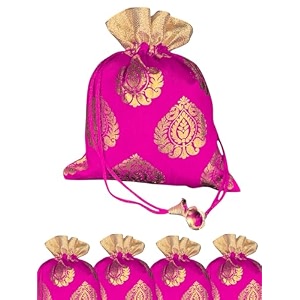 abhaas 5pcs drawstrings potli bag for gifting23x18cmfor ladies weddingparty bag potli leaf print for women kitty parties with bells reusable return gift purposeshagun pouchcandy bagsmagenta