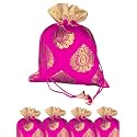 Abhaas 5Pcs Drawstrings Potli Bag For Gifting|23X18CM|for Ladies Wedding,Party Bag Potli Leaf Print For Women Kitty Parties With Bells Reusable Return Gift Purpose,Shagun Pouch,Candy Bags,Magenta