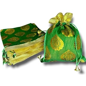 abhaas drawstrings potli bag for gifting for ladies wedding party bag potli leaf print 23x18cm for women kitty parties reusable return gift purpose shagun pouch candy bags