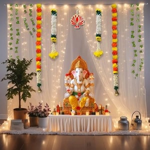 abhaas durga pooja and ganpati decoration items diwali  pooja room decor items  backdrop for haldi ceremony with net curtains and led lights for decoration with gajra