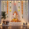 Abhaas Durga Pooja and Ganpati Decoration Items Diwali | Pooja Room Decor Items | Backdrop for Haldi Ceremony with Net Curtains and LED Lights for Decoration with Gajra