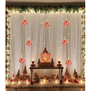 abhaas ganpati decoration items  pooja room decor items  backdrop for haldi ceremony with net curtains and led lights for decoration lotusnet multicolor