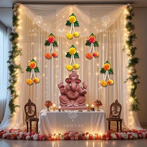 abhaas ganpati decoration items  pooja room decor items  backdrop for haldi ceremony with net curtains and led lights for decoration mari hangingnet