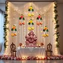 Abhaas Ganpati Decoration Items | Pooja Room Decor Items | Backdrop for Haldi Ceremony with Net Curtains and LED Lights for Decoration (Mari Hanging+NET)