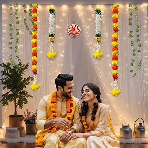 abhaas haldi mehendi backdrop ganpati decoration items  pooja room decor items  backdrop for haldi ceremony with net curtains and led lights for decoration gajranet