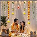 Abhaas haldi Mehendi Backdrop Ganpati Decoration Items | Pooja Room Decor Items | Backdrop for Haldi Ceremony with Net Curtains and LED Lights for Decoration (GAJRA+NET)