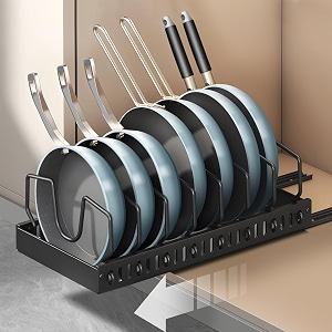 abja popular in us market pull-out pan amp pot organizer pan pot amp tawa stand for kitchen pan organizer rack for kitchen with adhesive nano film 8 adjustable dividers black