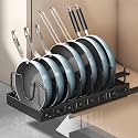ABJA [Popular in US Market: Pull-Out Pan &amp; Pot Organizer] Pan, Pot &amp; Tawa Stand for Kitchen, Pan Organizer Rack for Kitchen with Adhesive Nano Film, 8 Adjustable Dividers, Black