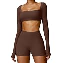 ABOCIW Women Square Neck Long Sleeve Workout Crop Top Low Medium Impact Athletic Yoga Gym Shirts with Built in Bra(ONLY TOP)