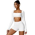 ABOCIW Women Square Neck Long Sleeve Workout Crop Top Low Medium Impact Athletic Yoga Gym Shirts with Built in Bra(ONLY TOP)