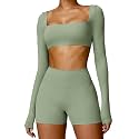 ABOCIW Women Square Neck Long Sleeve Workout Crop Top Low Medium Impact Athletic Yoga Gym Shirts with Built in Bra(ONLY TOP)