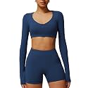 ABOCIW Women Square Neck Long Sleeve Workout Crop Top Low Medium Impact Athletic Yoga Gym Shirts with Built in Bra(ONLY TOP)