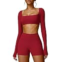 ABOCIW Women Square Neck Long Sleeve Workout Crop Top Low Medium Impact Athletic Yoga Gym Shirts with Built in Bra(ONLY TOP)