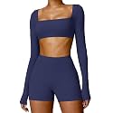 ABOCIW Women Square Neck Long Sleeve Workout Crop Top Low Medium Impact Athletic Yoga Gym Shirts with Built in Bra(ONLY TOP)