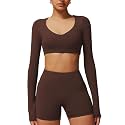 ABOCIW Women Square Neck Long Sleeve Workout Crop Top Low Medium Impact Athletic Yoga Gym Shirts with Built in Bra(ONLY TOP)