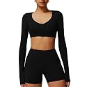 ABOCIW Women Square Neck Long Sleeve Workout Crop Top Low Medium Impact Athletic Yoga Gym Shirts with Built in Bra(ONLY TOP)