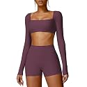 ABOCIW Women Square Neck Long Sleeve Workout Crop Top Low Medium Impact Athletic Yoga Gym Shirts with Built in Bra(ONLY TOP)