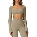ABOCIW Women Square Neck Long Sleeve Workout Crop Top Low Medium Impact Athletic Yoga Gym Shirts with Built in Bra(ONLY TOP)