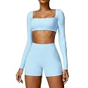 ABOCIW Women Square Neck Long Sleeve Workout Crop Top Low Medium Impact Athletic Yoga Gym Shirts with Built in Bra(ONLY TOP)