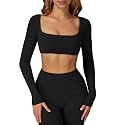 ABOCIW Women Square Neck Long Sleeve Workout Crop Top Low Medium Impact Athletic Yoga Gym Shirts with Built in Bra(ONLY TOP)