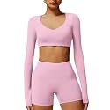 ABOCIW Women Square Neck Long Sleeve Workout Crop Top Low Medium Impact Athletic Yoga Gym Shirts with Built in Bra(ONLY TOP)