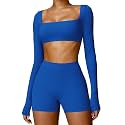 ABOCIW Women Square Neck Long Sleeve Workout Crop Top Low Medium Impact Athletic Yoga Gym Shirts with Built in Bra(ONLY TOP)