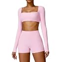 ABOCIW Women Square Neck Long Sleeve Workout Crop Top Low Medium Impact Athletic Yoga Gym Shirts with Built in Bra(ONLY TOP)