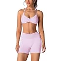 ABOCIW Womens Seamless Workout Sets 2 Piece Strappy Halter Sports Bra Scrunch Butt Shorts Gym Yoga Outfits