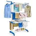 ABOUT SPACE 5.5 ft Clothes Drying Stand - 3 Layer Foldable Cloth Dryer Stand, Portable with Castor Wheels, 24 Hanger Rods & 2 Wings - Anti Rust Steel Double Pole-Blue