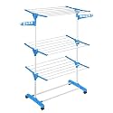 ABOUT SPACE Carbon Steel,Plastic 6 Ft Clothes Drying Stand,3 Layer Foldable Cloth Dryer Stand,Portable With Castor Wheels,24 Hanger Rods & 2 Wings,Anti Rust Steel Sturdy Pole(Blue),55X75X165 Cm