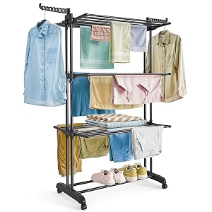 about space 3 tier foldable cloth drying stand - heavy duty anti-rust steel clothes stand for drying with wheels - laundry rackscloth stand for drying indoor - balcony clothes dryer 55 ft - black