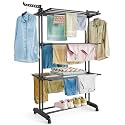 ABOUT SPACE 3 Tier Foldable Cloth Drying Stand - Heavy Duty Anti-Rust Steel Clothes Stand for Drying with Wheels - Laundry Racks|Cloth Stand for Drying Indoor - Balcony Clothes Dryer (5.5 ft - Black)