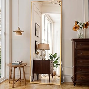 about space cheval mirror for wall - 5 feet unbreakable mirror for bedroom  full length tempered glass with stand thin frame aluminium alloy vertical hanging display for living room bedroom - golden