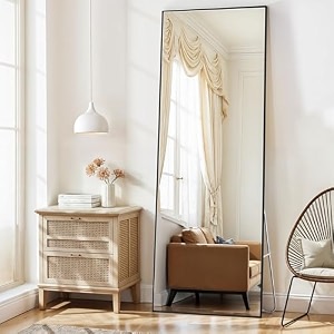 about space cheval mirror for wall - 5 feet unbreakable mirror for bedroom  full length tempered glass with stand thin frame aluminium alloy vertical hanging display for living room bedroom - black