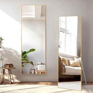 about space 5ft cheval mirror for wall - square shaped for bedroom  full mirror with stand thin aluminium frame vertical display for living room boutique- gold