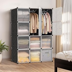 about space collapsible wardrobe - diy 12 cube plastic almirah for clothes with doors 2 clothes hanger door magnet amp hamer- foldable wardrobe for storage for home  storage organizer - black