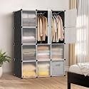 ABOUT SPACE Collapsible Wardrobe - DIY 12 Cube Plastic Almirah for Clothes with Doors, 2 Clothes Hanger, Door Magnet &amp; Hamer- Foldable Wardrobe for Storage for Home | Storage Organizer - Black
