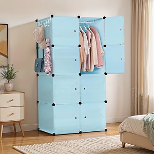 about space professional collapsible wardrobe - diy 8 cube plastic almirah for clothes with side hanger door magnet amp hamer- durable foldable wardrobe for storage non-slip storage organizer - blue
